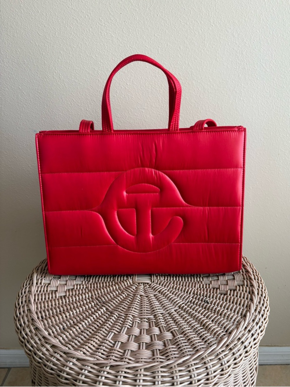 Telfar Quilted Red Tote with Embossed Logo